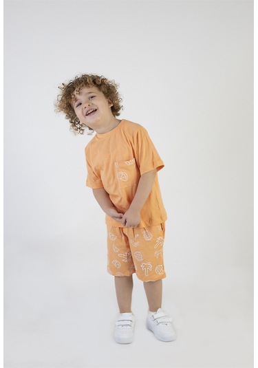 Erkek Çocuk Palmiye Baskılı Turuncu Renk Kısa Kollu Şortlu Alt Üst Takım 001