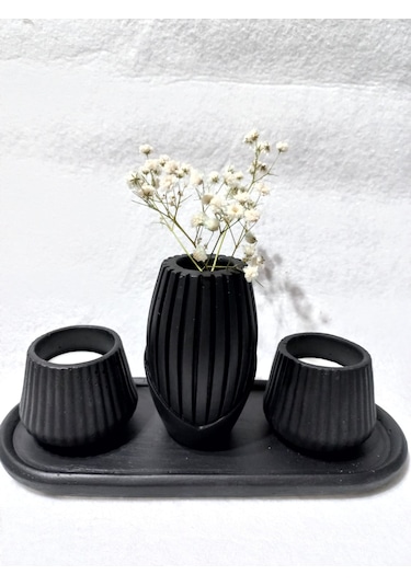 İskandinav Vazolu Tabaklı Tealight Mumluk Set Siyah Siyah