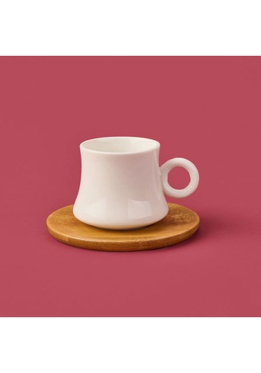 Mien Bambu Tabaklı Dar Fincan Seti - Açık Kahverengi / Beyaz - 100 Ml Açık Kahverengi / Beyaz