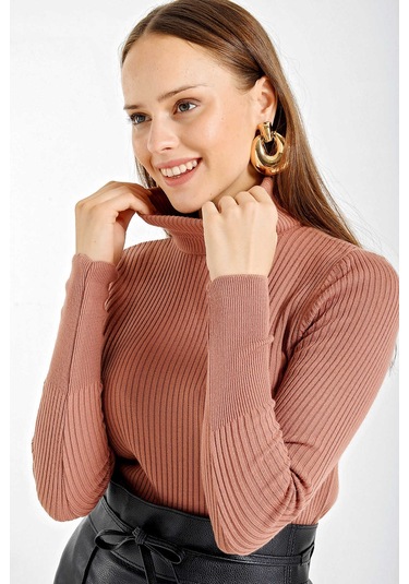 Gabria Fitilli Balıkçı Yaka Kazak Camel