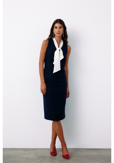 Sateen Fularlı Kolsuz Tüvit Elbise - Lacivert-135150 Lacivert