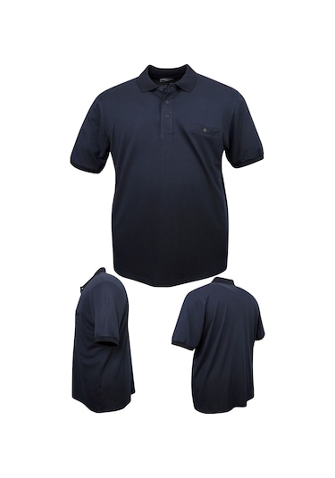 Erkek Büyük Beden 115 - 155 Kilo Arası Uygun Bedenli Likralı Pike Polo Yaka Cepli Tişört Lacivert