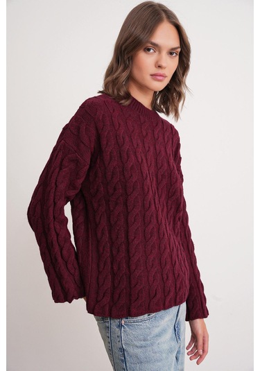 6973 Kadın Saç Örgülü Regular Basic Triko Kazak Bordo Bordo