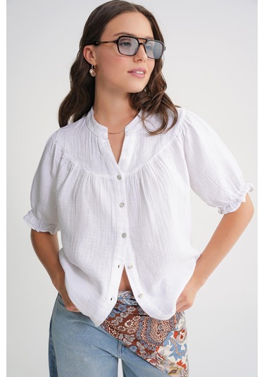 4725 Kadın Büzgü Robalı Kolu Fırfırlı Müslin Gömlek Beyaz Beyaz