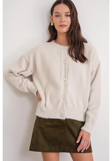 6902 Kadın Sakallı Basic Yumuşak Dokulu Triko Hırka Naturel Naturel