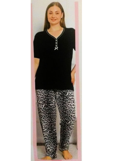 Miss Melina Bambu Kısa Kol Kadın Pijama Takımı Leopar Siyah