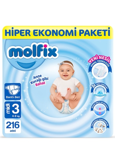 Molfix Bebek Bezi 3 Numara Midi Hiper Ekonomi Paketi 216 Adet 2'li