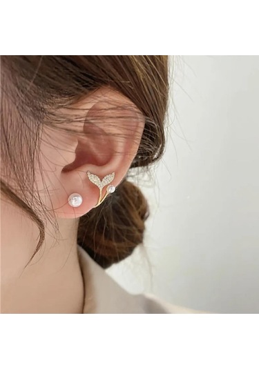 Zarif İnci Detaylı Zirkon Taşlı Altın Kaplama Balık Kuyruğu Tasarım Küpe Günlük, Spor Ve Özel Günler İçin Altın