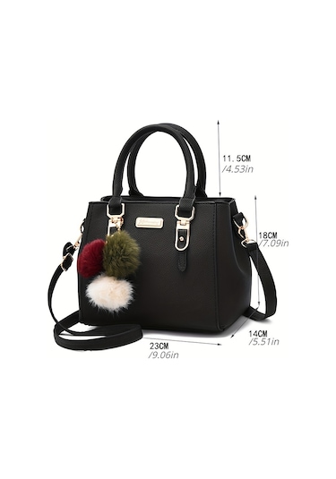 Kadınlar İçin Şık Küçük Çanta, Düz Renk Çapraz Çanta, Ponpon Topu Kolye İle Zarif Üst Sap Siyah