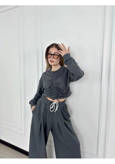 Uzun Kollu Önü İp Büzgülü Crop Ve Pantolon İkili Takım - Antrasit Çok Renkli