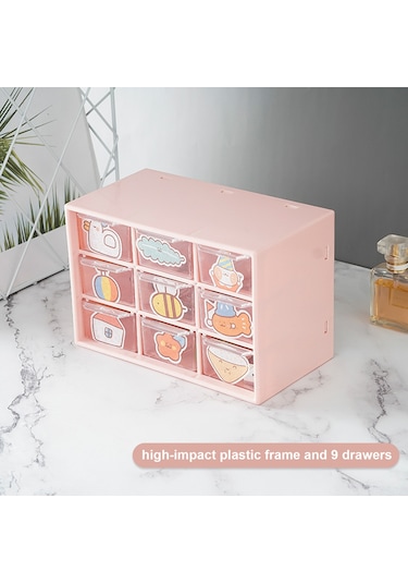 Dofolink Plastik 9 Bölmeli Çekmeceli Organizatör Kutusu - Toz Koruma, Parça Saklama, Pembe Renk Pembe