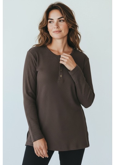 Kadın Yaka Düme Detaylı Mevsimlik Bluz Kahverengi
