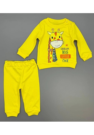 Kız Bebek Zürafa Baskılı Çıt Çıtlı Alt Üst İkili Gündelik Takım 6-18 Ay Sari