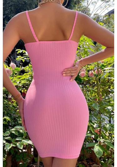 Askılı Yakası Fırfır Ve Bağlama Detay Kaşkorse Elbise Pembe Pembe