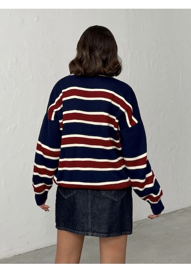 Kadın Polo Yaka Çizgili Triko Kazak Lacivert