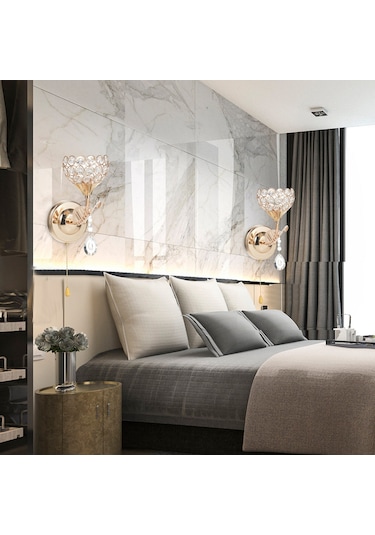 Ximistore9 Modern Metal Kristal Duvar Lambası, Yatak Başı Ve Koridor Aydınlatma, Çekmeli Anahtarlı, E26 Soket, 110v-130v Siyah