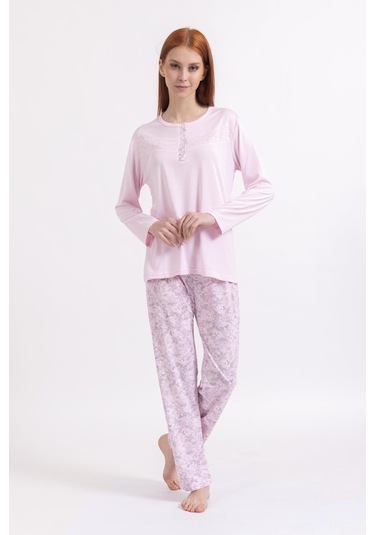 Kadın Dört Mevsim Dantel Desenli Melisa Kumaş Yüksek Kalite Yuvarlak Yaka Pijama Takımı 1361 - Pembe Kadın Dört Mevsim Dantel Desenli Melisa Kumaş Yüksek Kalite Yuvarlak Yaka Pijama Takımı 1361 - Pembe