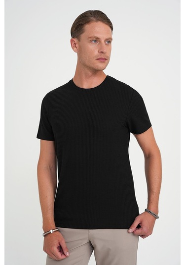 Comfort Fit Bisiklet Yaka Fitilli Kısa Kol Siyah Tişört Ts 912 Siyah