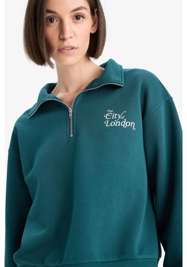 Defacto Regular Fit Yarım Fermuarlı Baskılı Kalın Sweatshirt F1067ax25augn1040 Yeşil