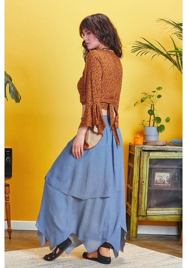 Bohem Tarz Katlı Salaş Beli Lastikli Uzun Etek İndigo