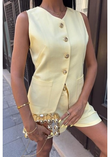 Gold Düğme Detaylı Yelek Şort Cotton Takım 10208 Altın