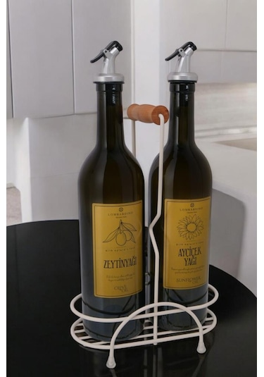 Digithome Petra 2'li Krem Metal Standlı Ahşap Saplı Yağdanlık Seti Gold Etiketli Amber Yağlık 750 Ml Krem