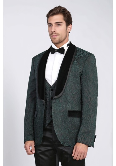 Barok Desenli Kadife Şal Yaka Yelekli Ördek Yeşili Smokin - Wessi Yeşil