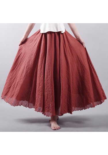 Kadın Zarif Yüksek Bel Keten Maxi Etek Yaz Bayanlar Rahat Elastik Bel 2 Katmanlar Etekler Saia Feminina Kahverengi