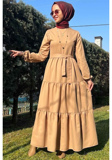 Rabia Şamlı Bej Gabardin Elbise Normal