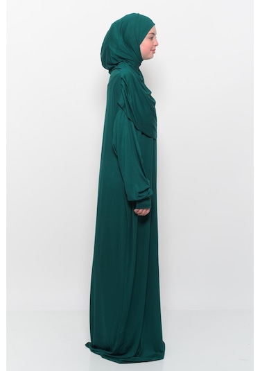 Pratik Tek Parça Pamuklu Yarasa Kollu Tak Çıkar Başörtülü Tesettür Namaz Elbisesi Yeşil Çok Renkli
