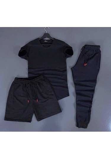 3'lü Slim Fit Unisex Tshirt - Şort - Eşofman Kombin Siyah Düz Siyah