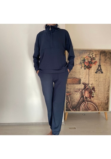 Bluety Kadın Model Kumaş Uzun Kollu Takım İndigo
