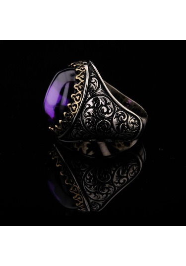 925 Ayar Gümüş Sarmaşık Desenli Ametist Taşlı Erkek Yüzük Çok Renkli