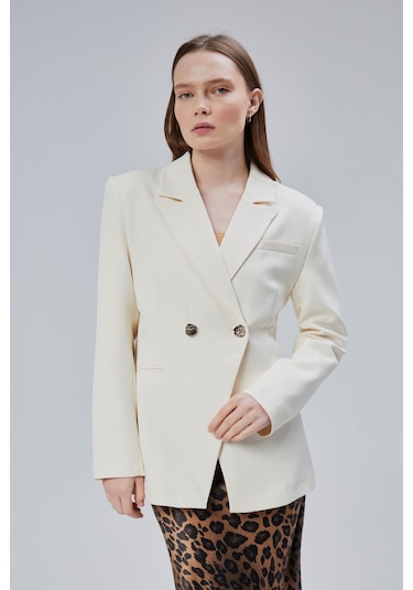 Ekru Regular Fit Yırtmaç Detaylı Blazer Ceket Ekru