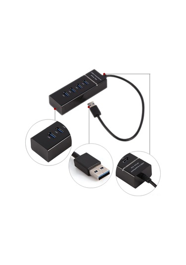 Yaozixa Usb 3.0 4 Port Hub - 5gbps Hızlı Veri Transferi - Plug & Play - Windows/mac Uyumlu - Siyah