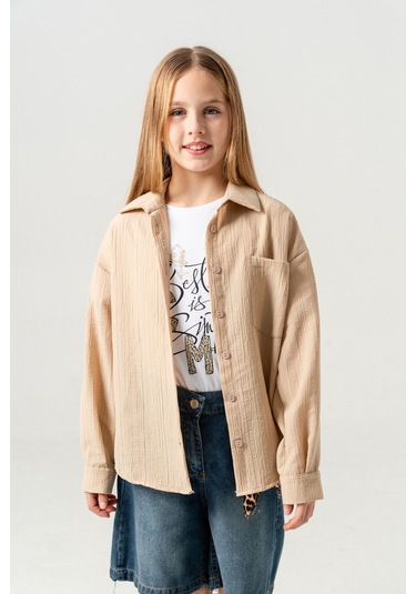 Kız Çocuk Tek Cepli Gömlek T-shirt İkili Takım 1802 Bej