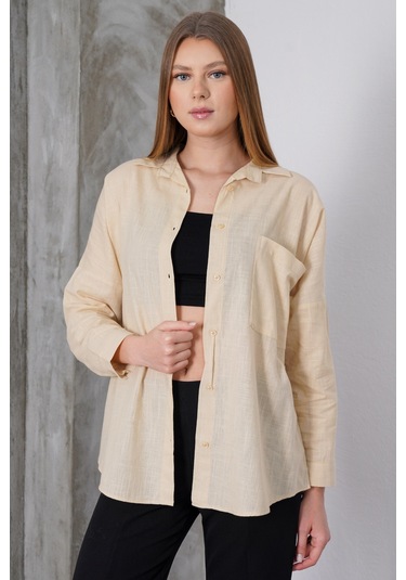 Paw Garage Kadın London Keten Tek Cepli Oversize Gömlek, Premium Kalite Keten Gömlek Taş