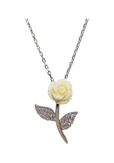 925 Ayar Gümüş Zirkon Taşlı Özel Tasarım Beyaz Yaprak Gül Kolye Gümüş
