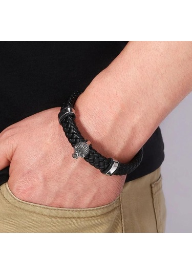 Erkek Örgülü Deri Kurukafa Bileklik Paslanmaz Çelik Erkek Bilezikleri Parti Takıları Hediye Punk Bileklik Kahverengi