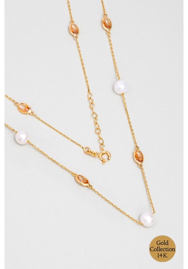 Doğal İnci Işıltısı 14 Ayar 45 Cm Sarı Altın Kolye Krem