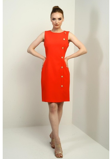 Kadın Kendinden Telalı Yan Düğmeli Kısa Elbise-40667 Mercan