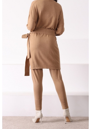 Ferraro Camel Paçası Lastikli Kaşmirli Kadın Triko Pantolon Camel