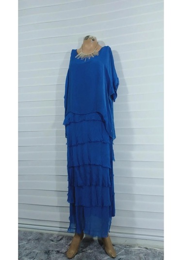 İtalyan 2 Beden İnce Gösteren Yarım Kol Kat Kat Ipek Elbise Saks Mavisi