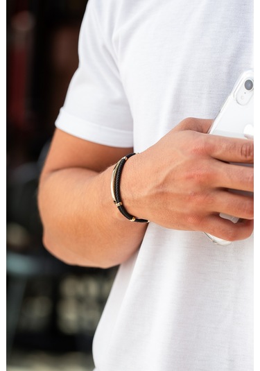 Cenova Kuyumculuk 14 Ayar Altın Çift Kordonlu Siyah Kauçuk Erkek Bileklik Siyah