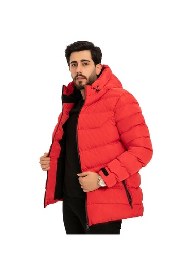 Erkek Kapüşonlu Polarlı Kürklü Su Geçirmez Rüzgara Dayanıklı Şişme Mont Kaban Parka Kırmızı