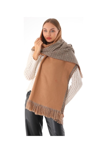 Çift Taraflı Yumuşak Dokulu Açık Kahve Şal Atkı Açık Kahverengi