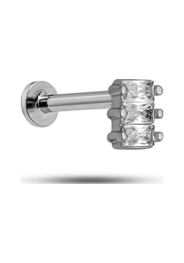 925 Ayar Gümüş Rodyumlu Minimal Üç Baget Taşlı Tragus Piercing Küpe Gümüş