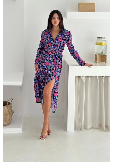 Asprin Fashion Çiçek Desenli Elbise Mor Mor