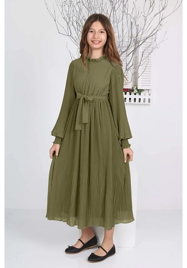 Kız Çocuk Uzun Boydan Pliseli Şifon Elbise Haki