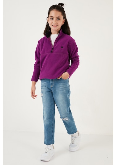 Lela Yumuşak Dokulu Fermuarlı Dik Yaka Şardonlu Kışlık Unisex Çocuk Polar 5905002 Mor
